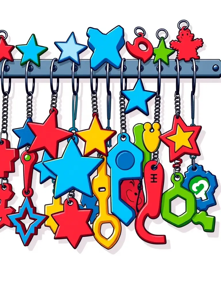 A vibrant display of various 3D printed keychains in different shapes, colors, and designs, emphasizing the wide range of customization options available.