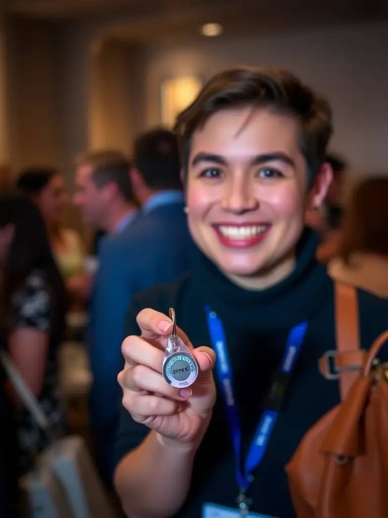 A photo showcasing a satisfied customer using a 3D printed keychain with an NFC chip to quickly share their contact information at a networking event.